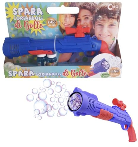Pistola a Spara Bolle, con Luci LED, Blu e Rosso, Include Soluzione, a Batterie AA