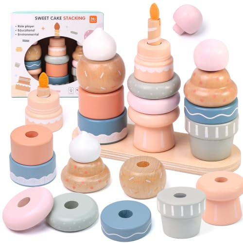 Masonbaby Wooden Stacking Toys Stacking Tower, 14 Pieces Montessori Tine Motor Toys, Kids Sensory Learning Toys Birthday Gifts for Girls Boys