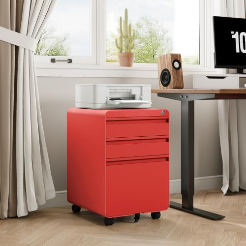 Dripex 3-Drawer Mobile Filing Cabinet, Lockable, Red | Pre-Assembled, Steel Construction, Hanging File Rails A4/Letter/Legal File, Lockable Swivel Castors, Anti-Tilt Design