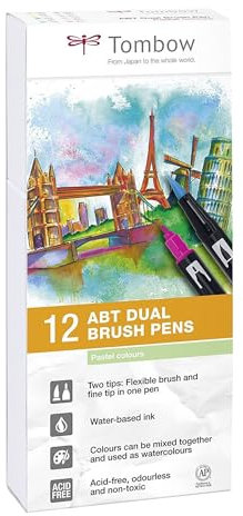 Tombow ABT Dual Brush Pen, Pastel Colors, 12er Set, Stifte mit zwei Spitzen, perfekt fürs Hand-Lettering und Bullet Journal, wasservermalbar [ABT-12P-2]