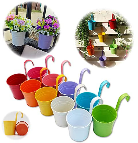 GIOVARA Metal Flower Pot Vase Bucket Hanging Garden Planter without Drainage Hole, Balcony Home Decor, Detachable Hook (10 Pcs with Assorted 10 Colours,17x10x8cm)