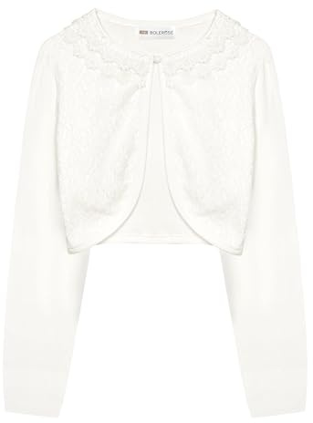 Bolerose Bolero Niña Encaje Floral Manga Larga | Frente abierto, botón de perla, cuello festoneado, talle recortado, punto elástico, 3-14 años