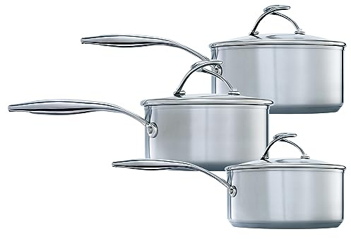 Circulon SteelShield Stainless Steel Saucepan Set of 3 - Induction Suitable Saucepans 16/18/20cm with Hybrid Non Stick, Glass Lids & Stay Cool Handles, Dishwasher Safe Cookware