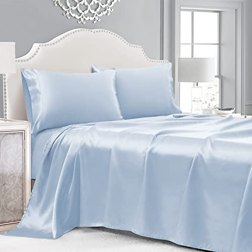 Cobedzy 4 Pieces Light Blue Satin Sheets Queen Size Bed Set, Luxury Silky Satin Bedding Sheets Set with 1 Deep Pocket Fitted Sheet, 1 Soft Flat Sheet, 2 Pillowcases