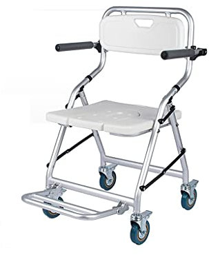 FKJLUN, Silla orinal plegable Silla con WC Silla de ducha de aluminio portátil, silla plegable junto a la cama con ruedas, reposabrazos plegables y reposapiés, hasta 120 kg Silla inodoro
