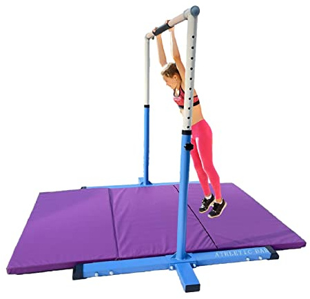 XDance Gymnastics Bar Kip Bar for Kids with 6'x4' Tumble Mat 2 in 1 Set and Cushion Bar Pad, Expandable Height 3-5 FT Horizontal Bar Junior Gymnast Gymnastic Bar, Home Training Asymmetric Bar Blue