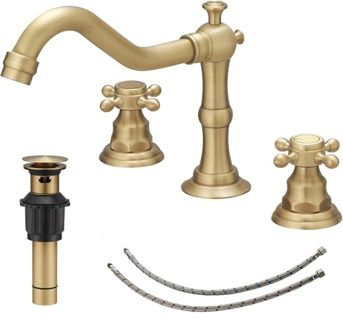 BWE 3 Hole Bathroom Faucet BWE Widespread 2 Handles Cross Knobs Antique Brass Sink Faucet Basin Mixer Tap Matching Metal Pop Up Drain with Overflow and Supply Lines