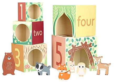 Orange Tree Toys Stacking Cubes and Woodland Animal Figurines, Wooden Toys for 1 Year Olds, Toddler - Montesorri Stacking Toys, Nesting Boxes Balancing Building Blocks, Counting with Numbers 1-5
