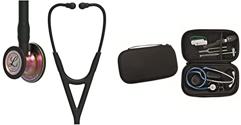 3M Littmann Cardiology IV, Stetoscopio diagnostico, testina con finitura arcobaleno, tubo auricolare nero, 6165 + GIMA ASTUCCIO PORTA FONENDO, Nero, Uso Professionale