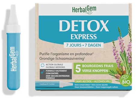 HERBALGEM - Detox Express 7 Jours - Purifie L'Organisme En Profondeur - Complément Alimentaire Gemmothérapie - Formule Hautement Concentrée - Action Globale - 5 Bourgeons Frais - Bio - 7x10ml