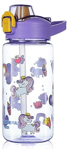 flintronic 600ml Trinkflasche Kinder, Kindertrinkflasche mit Strohhalm, BPA-freie Kinder-Wasserflaschen, Sportwasserflasche mit Auslaufsicherem Flip-Top-Deckel für Mädchen und Jungen, Lila