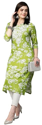 GoSriKi Ladies Cotton Blend Chikankari Embroidered Straight Kurta, Green, Medium