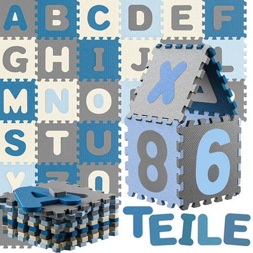 Spielwerk® 86-teilige Puzzlematte Baby, Blau - 3,3m² Buchstabenteppich - ABC Matten für Kinder, Spielunterlage Boden, Gummimatte Kinderzimmer, Puzzleteppich Baby, Spielteppich für Kinder