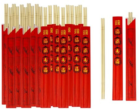 Klex Premium Disposable Bamboo Round Chopsticks 9 Inches - Individually Wrapped with Red Sleeves, Eco-Friendly Chopstick for Asian Restaurants, 100 Pairs
