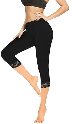 Geyuwoz leggings dam 3/4 hög midja caprileggings ogenomskinliga capribyxor sommar bomull leggings med spets sportbyxor leggings 7/8 för kvinnor yoga gym, svart, L