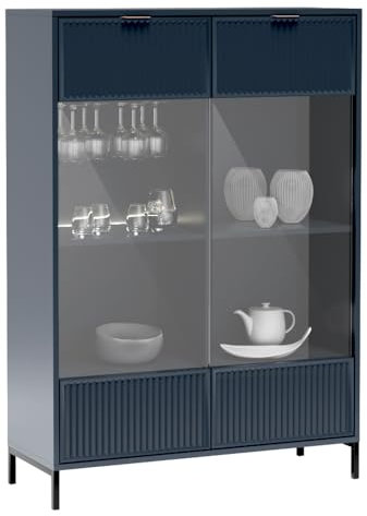 Lomadox Highboard Vitrine in Indigo blau mit Rillenoptik Vitrinenschrank Kommode Sideboard mit Glas und Beleuchtung 2 Türen