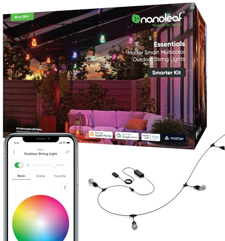 Nanoleaf Essentials Matter, LED Lichterkette Außen 30M Starter Kit (RGBICW) - Smarte und Mehrfarbige mit 16 Mio. Farben, IP65 Wasserdicht, 40 Dimmbaren Glühbirnen, WLAN, Bluetooth und Matter-fähig
