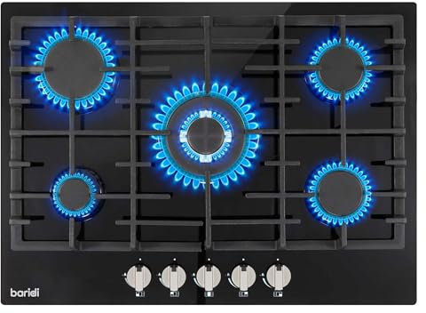 Baridi 70cm Gas on Glass Hob with 5 Burners, Cast Iron Pan Supports and Auto Ignition, 8kW, Black Glass - DH228