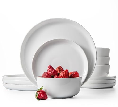 Lefonte Dinnerware Sets, Fine Porcelain Dinnerware Sets, Plates and Bowls Sets, Dishes, 12-Piece Service for 4, Soft White