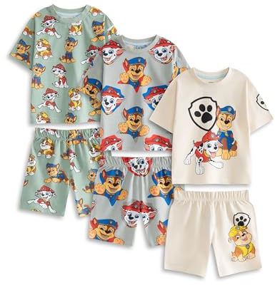 Paw Patrol Boys Ensemble de Pyjama Vert Clair, Gris et crème | Multi-Pack de 3 vêtements de Nuit à Manches Courtes et Jambes Courtes | Chase, Marshall, Skye & Rubble Vêtements de détente imprimés