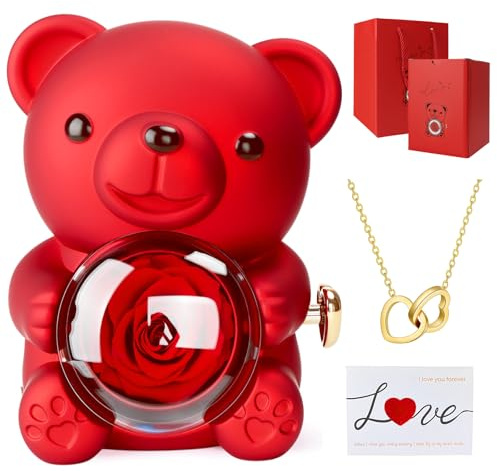 WUSUPU Oso con Rosa Eterna y Collar,Oso Rosa Preservada,Oso con Rosa Caja de Regalo,Regalo Cumpleaños,Regalo para Novia,Regalo Aniversario Novia,día de San Valentín,día de la Madre, Cumpleaños