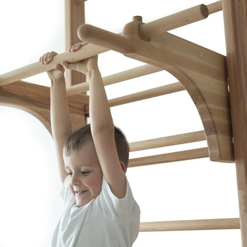 Sprossenwand Holz Timbergood – Turnwand mit Klimmzugstange & Dip-Barren – für Kinder & Erwachsene – stabile Indoor-Kletterwand aus Holz