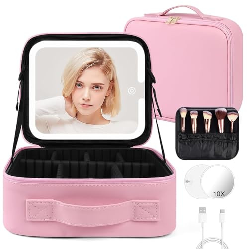 OSDUE Makeup Bag with LED Mirror, Cosmetic Organizer Case with Adjustable Compartments, Waterproof Travel Makeup Bag, Oxford Fabric,Gift for Women