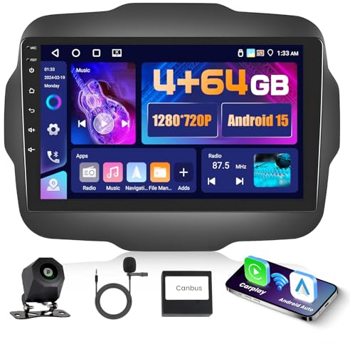 5G WiFi 4+64G Android Autoradio per Jeep Renegade 2016-2020, 9 Pollici IPS Touch Screen Stereo Auto con Wireless Carplay Android Auto Bluetooth5.0 FM/RDS GPS SWC AHD Retrocamera