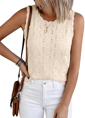 BTFBM Crochet Tank Tops for Women Hollow Out Sleeveless Loose Sweater Vest Top Summer Spring 2026 Beach Vacation Clothes(Beige, Small)