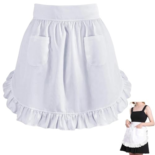 AYZDJ White Waist Apron with Dual Pockets, Vintage Half Apron, Practical Waitress Maid Apron, Stylish Cafe Bistro Kitchen Costume Accessory for Daily Use & Themed Parties