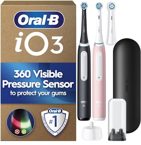 Oral-B iO3 Duo Electric Toothbrushes, 2 Handles, Matt Black and Blush Pink | 3 Brush Heads, Long-Lasting Battery, Toothbrush for Adults with Travel Case, Brush Head Holder, UK Two Pin Plug