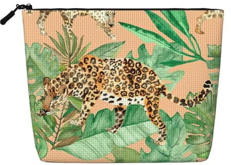 Leopard and Palm Leaves Fake Hemp Travel Pouch for Women, Large Capacity Cosmetic Bag Daily Use Zippered Organizer