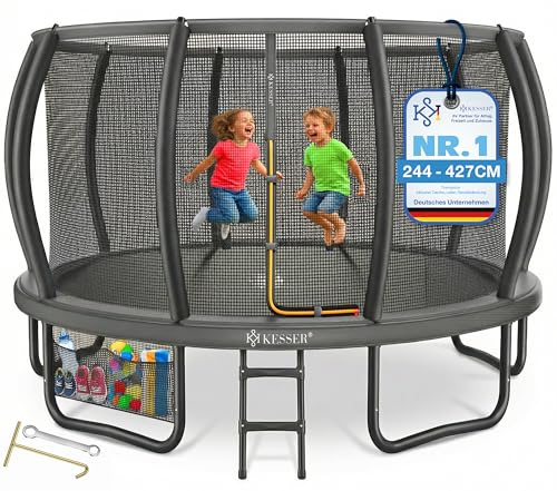 KESSER® Trampolino esterno Ø 244/305/366/427 cm, certificato GS trampolino da giardino per bambini e adulti < 150 kg con rete di sicurezza, inclusa borsa, scala, copertura del bordo e aste in rete