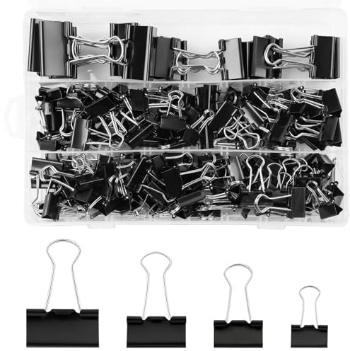 AOOHA Pinzas para Carpetas 15mm/19mm/25mm/32mm Negras 170 Unidades,Pinzas Metálicas Plegables,FoldBack Binder Clips para Papel y Documentos Oficina,Hogar y Escuela
