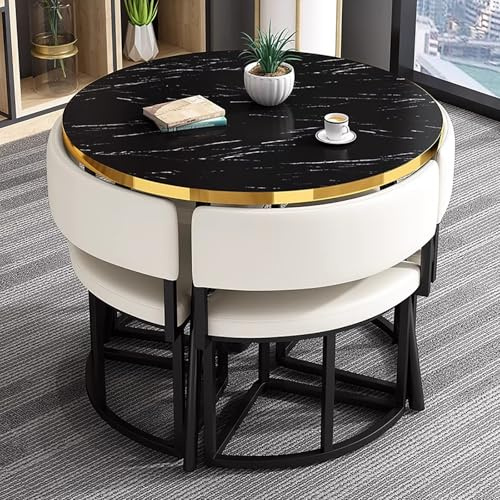 Round Black Dining Table Set with 4 Chairs, Small Modern Kitchen Furniture for Office, Conference Room, Lounge, Living Room