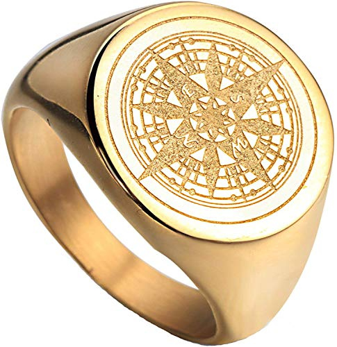 HIJONES Herr rostfritt stål retro kompass mystisk ring guld storlek Z+1