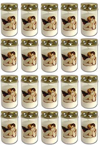 HAC24 Set med 20 gravljus, vitt med lock, gravljus med ängel, motiv, kyrkogårdsstearinljus, gravljus, begravljus, minnesljus, gravdekoration, gravdekoration