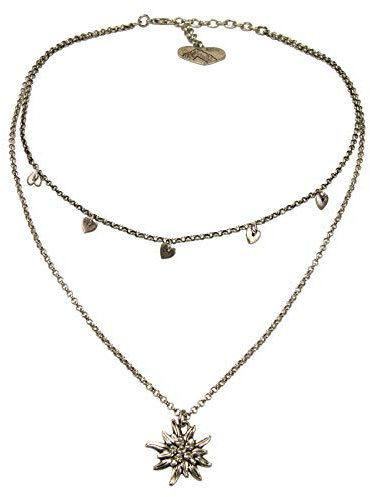 Alpenflüstern Metall-Trachtenkette Strassedelweiss und Herzchen - Damen-Trachtenschmuck Dirndlkette antik-Silber-Farben DHK275