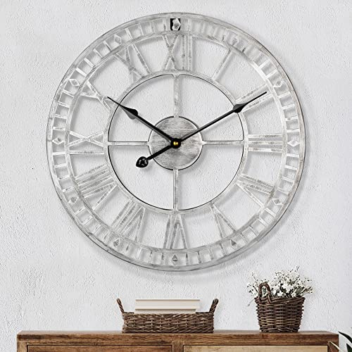 HAITANG Large Metal Iron Retro Wall Clock Silent Non-Ticking Battery Operated Vintage Metal Roman Numerals Round Modern Clocks For Living Room Decor -Silver 60cm