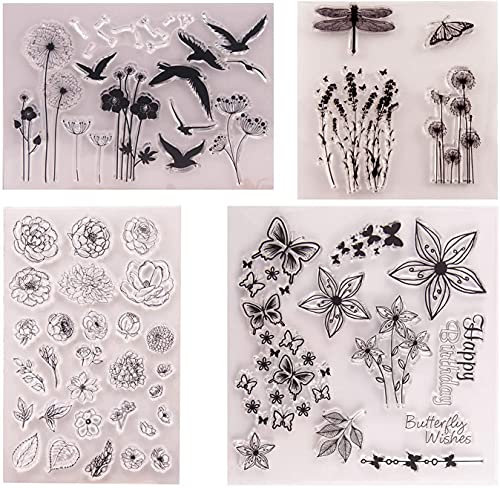 Silikonstempel Blumen und Blätter Set 4 Stück Clear Stamps Vögel,Löwenzahn,Libelle,Schmetterling,Clear Stamp Set für DIY Bullet Journal Scrapbooking Fotoalbum Geburtstag Stempelset