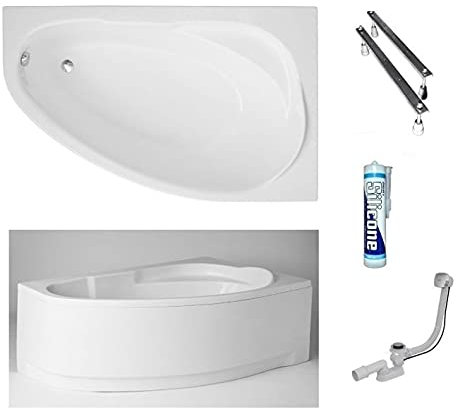 ECOLAM Baignoire d'angle acrylique Marea Polimat 150x100 cm droit, pieds, siphon, silicone, tablier en acrylique. Belle forme Aspect moderne. Baignoire acrylique blanc