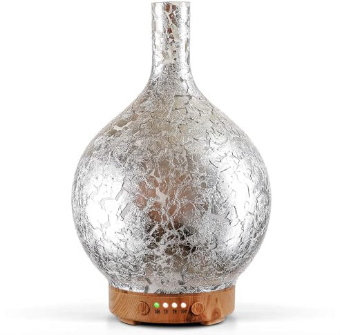 Porseme Difusor de aroma de cristal, bañado en plata, 100 ml, humidificador ultrasónico silencioso, 7 ledes que cambian de color, con temporizador, humidificador, sin BPA, spa, regalo elegante