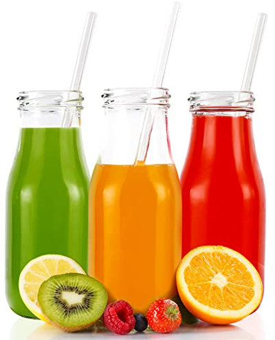 HYCKee 3 Pack 11oz 330ml Glass Milk Bottle with Glass Straws Metal Cap, Clear Juice Milkshake Smoothies Water Bottle Drinking Bottles Reusable with Lids