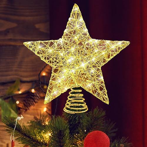 Puntale Albero Natale, Stella di Natale per Albero 25 cm, Stelle Dell'Albero di Natales Con Design in Metallo e 20 Luci LED per La Stella Puntale Alberos Natales (Oro Glitterato)