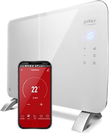 Gridinlux Homely Radiador Cristal Eléctrico, Calefacción Termostato, Convector Calor, WiFi, App, Silencioso, Apto para baños, Color Blanco, WIFI WARM 1000