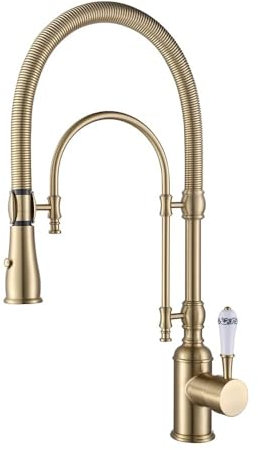 Kunmai Einhandgriff Hoher Bogen Küchenspüle Armaturen Gebürstet Gold Dual-Mode Pull-Down Küchenarmatur Massives Messing Porzellan Griff