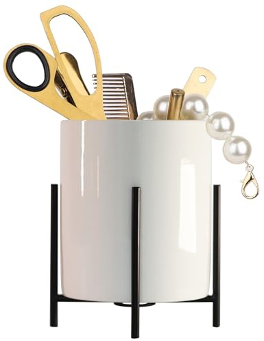 LOUIE SILNA Pot à crayons en céramique avec support en métal stable, joli pot à crayons rond pour enfants et filles, organisateur de bureau pour pinceaux de maquillage (blanc et noir, 1 pièce)