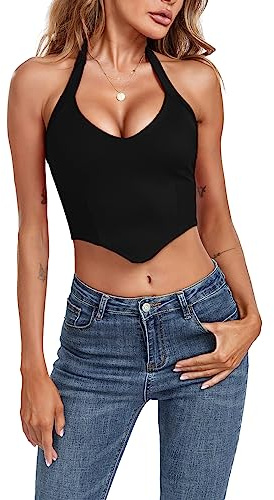 EVELIFE - Camiseta sin mangas, estilo bandeau, con escote profundo en V, estilo licra, crop top, para mujer, verano, Negro , XL