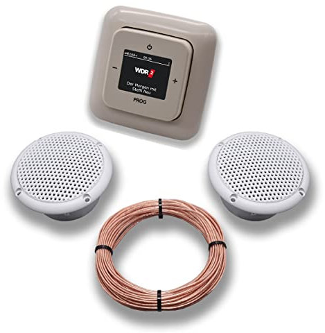 Busch Jäger DAB+ (DAB PLUS) Unterputz Radio 8215U-101 DURO2000 cremeweiß, Komplett-Set mit 2 x Decken Feuchtraumlautsprecher/Badezimmer + 20 m Lautsprecherkabel 2x0,75 mm2 8215 U - 101