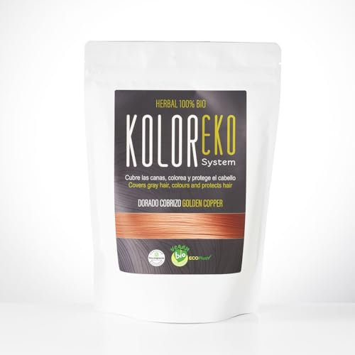 KOLOREKO Tinte natural DORADO COBRIZO - cubre las canas, colorea y protege el cabello - Tinte ecológico 100% Herbal Bio